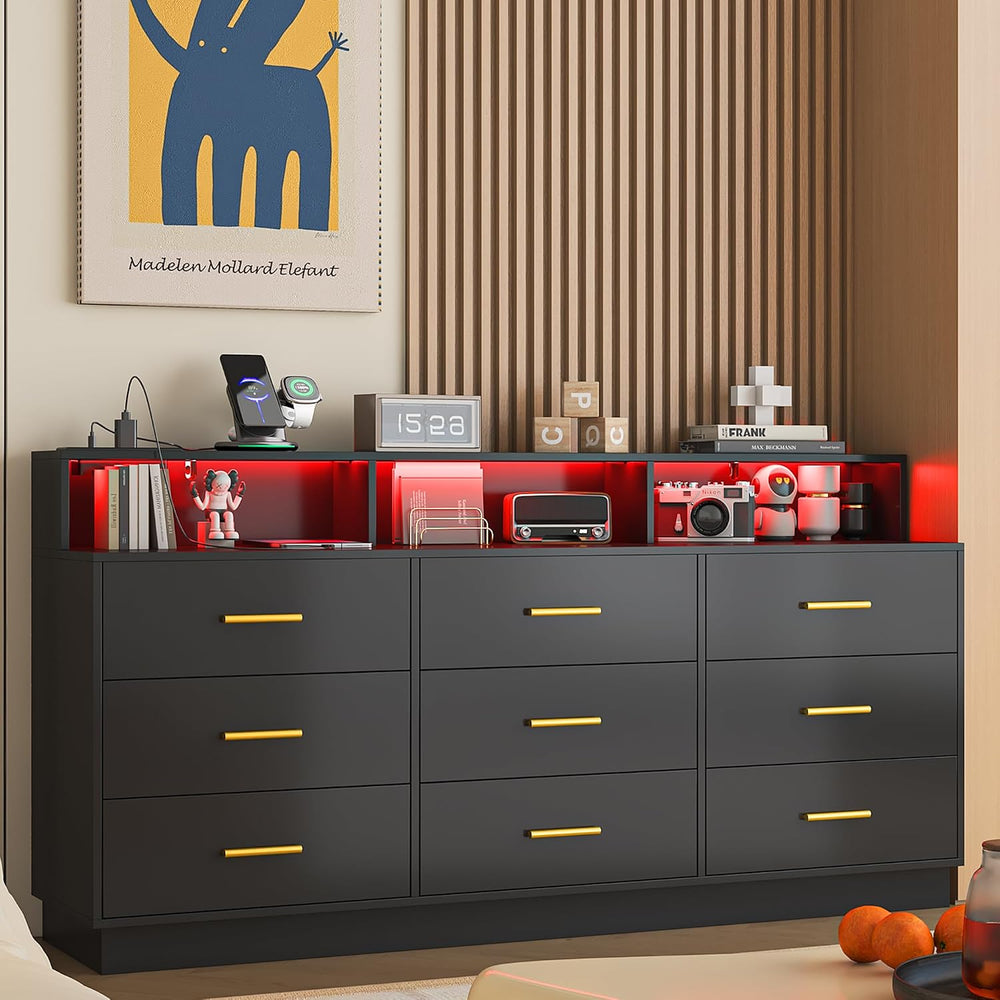 UNIQUITE Black 9 Drawer Dressers for Bedroom, Modern Large Dresser with LED L...
