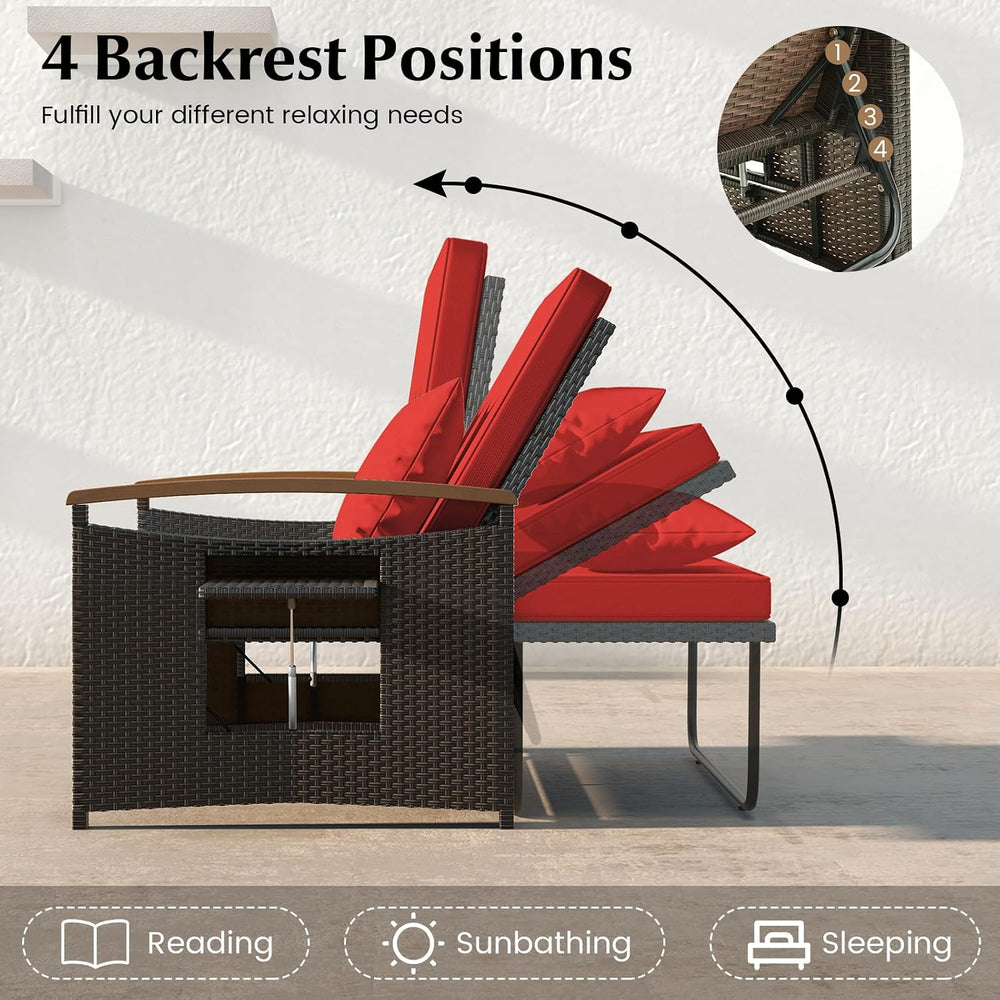 COSTWAY Patio Rattan Daybed, Outdoor Loveseat Sofa with Storage Ottoman