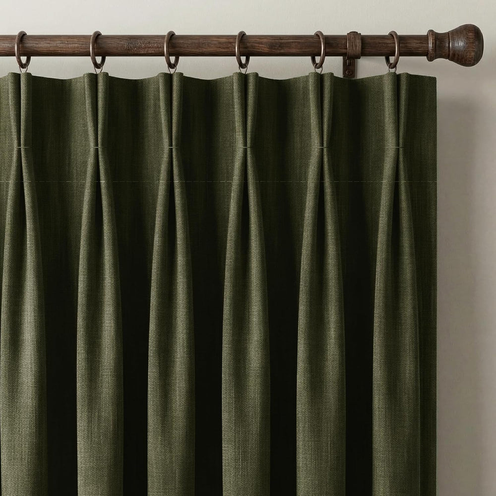 NICETOWN Vintage Olive Dark Green Pinch Pleated Linen Curtains 90 inch Long