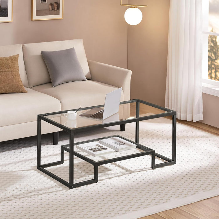 Yaheetech Glass Coffee Table for Living Room, 42" with Storage Shelf, Black
