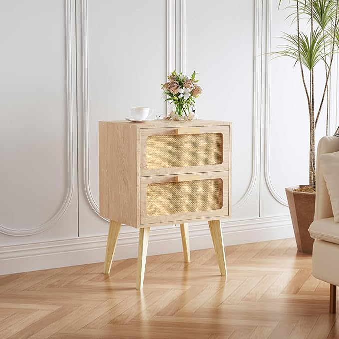 Rattan Nightstand,Boho Bedside with Storage,End Table,Side Table with 2 Hand ...