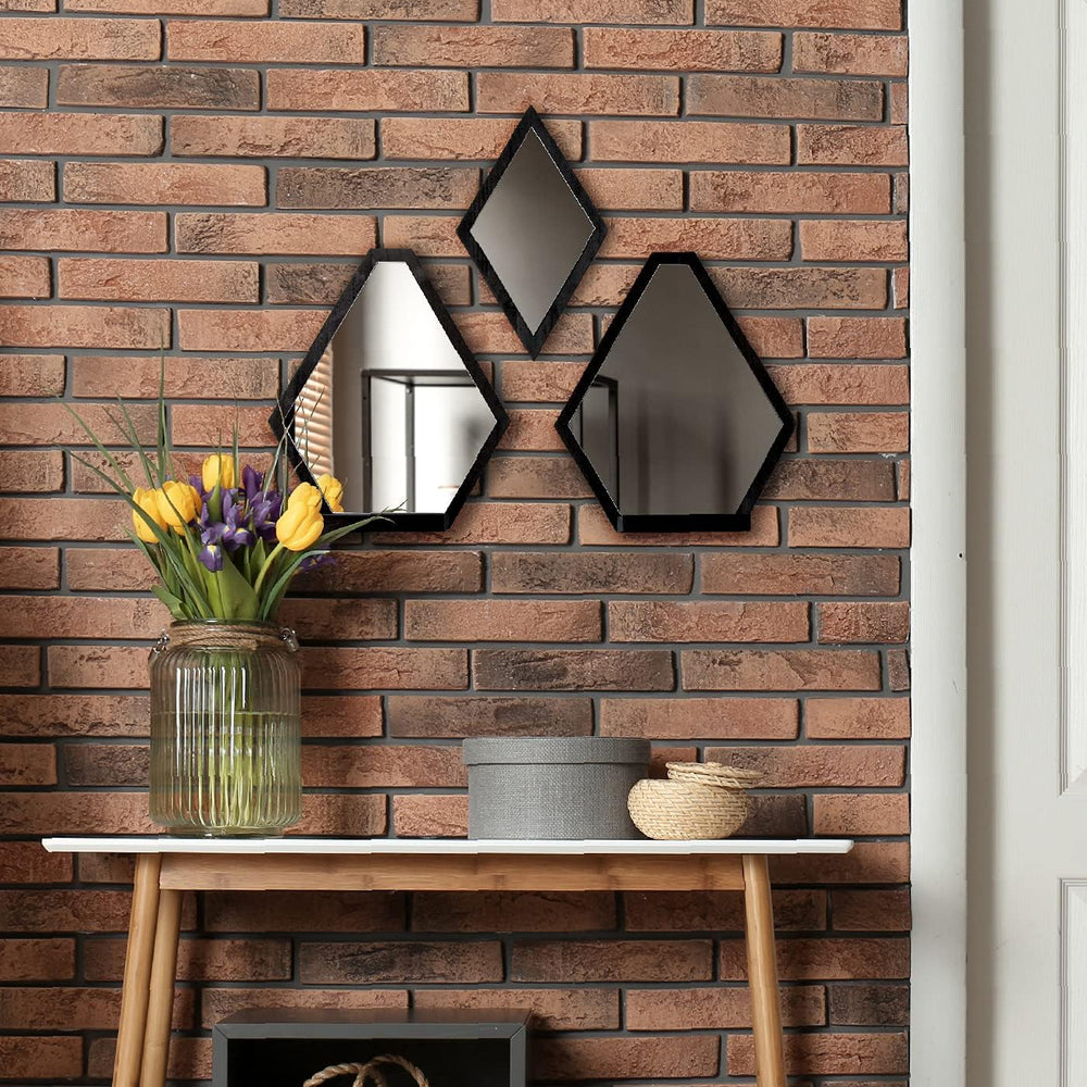 JACKCUBE Design Wall Mount Decorative Mirrors- Set of 3, Geometric Rustic Woo...