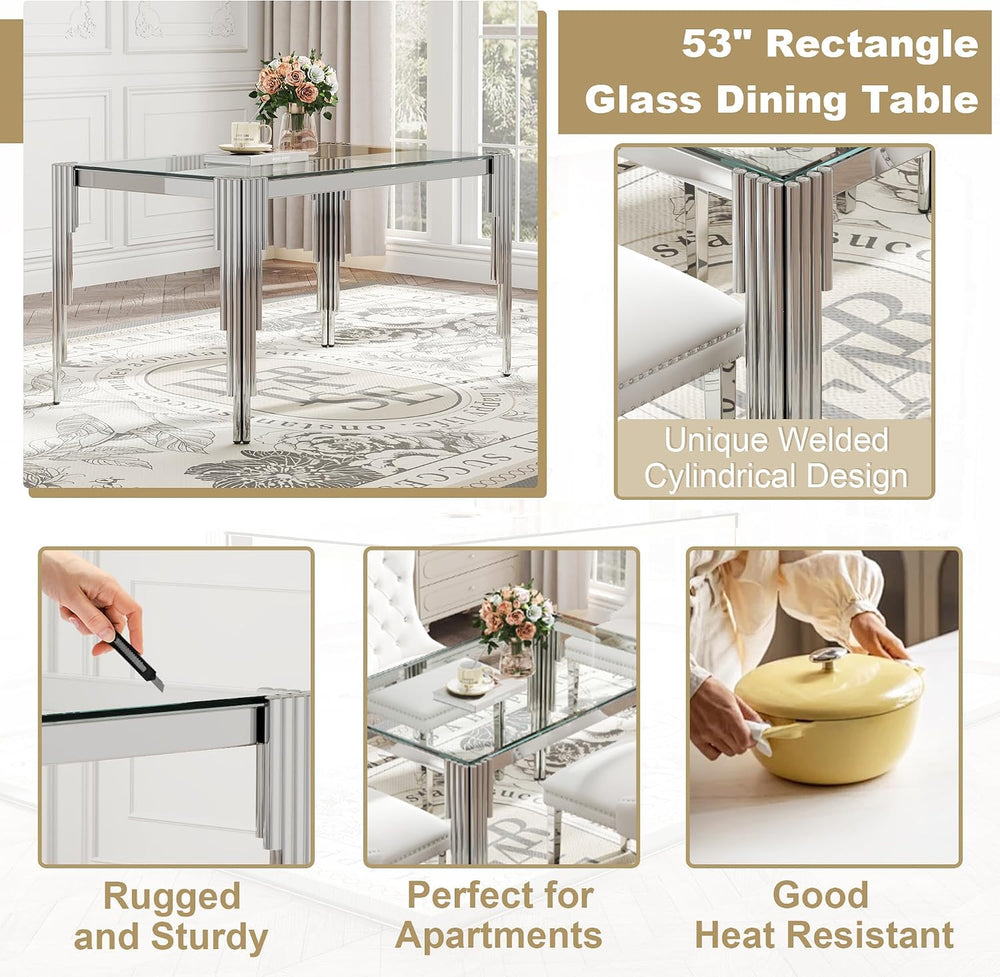 Modern Rectangle Glass Dining Table for 4-6 People, 53" Clear Tempered G...