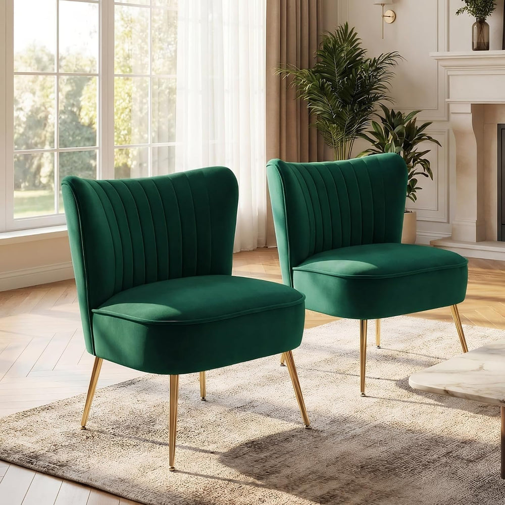 DUOMAY Modern Accent Chair Set of 2 Velvet Slipper Chair with Gold Legs Wingb...