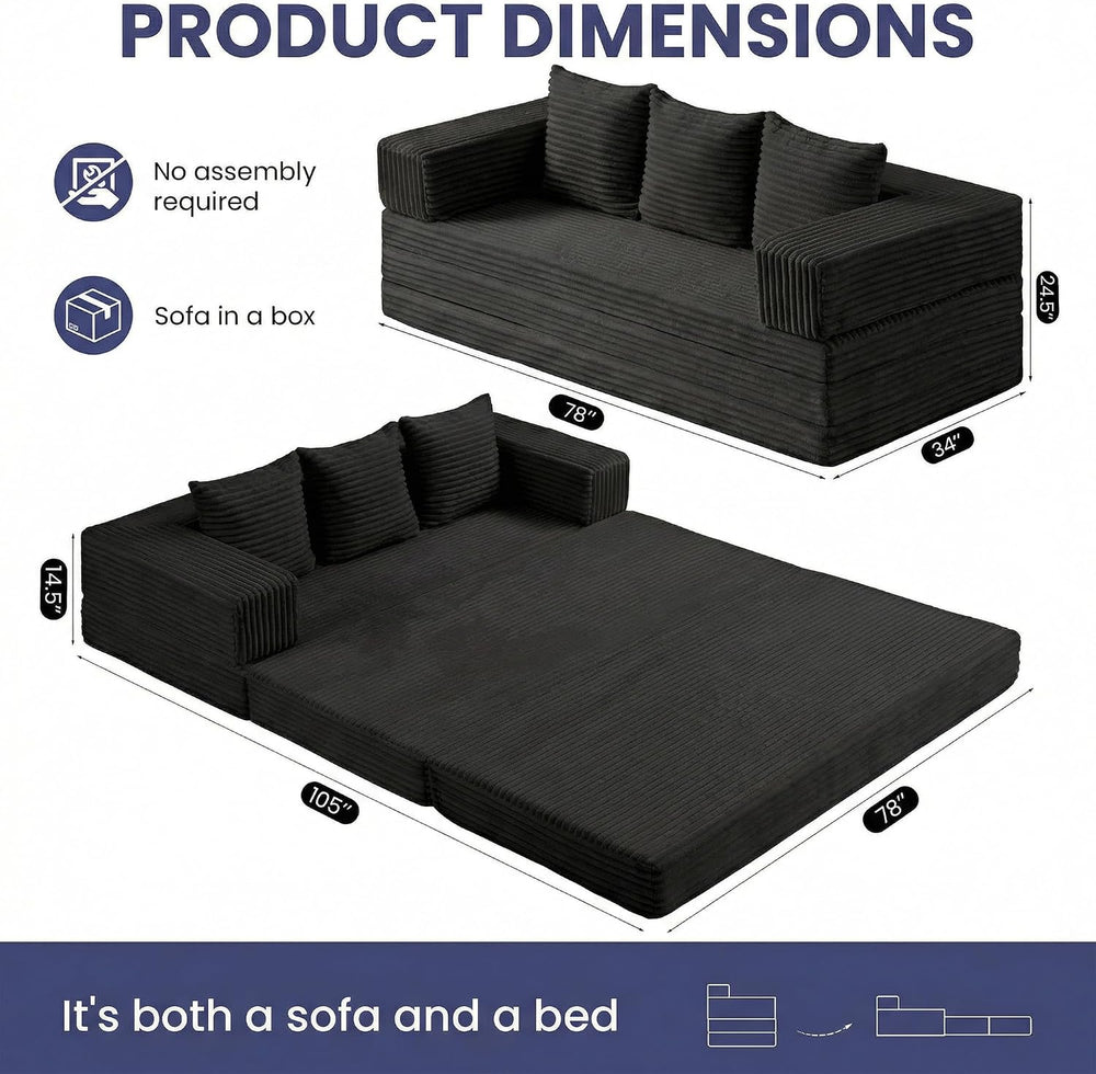 Convertible Sofa Bed Couch, 78’’ Oversized 4-in-1 Boneless Couches with Remov...