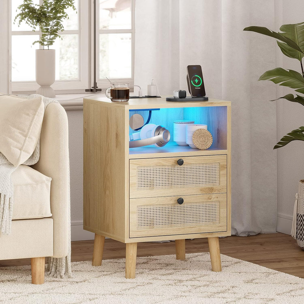 AOGLLATI Rattan Nightstands Set of 2 with Charging Station and LED, Boho Nigh...
