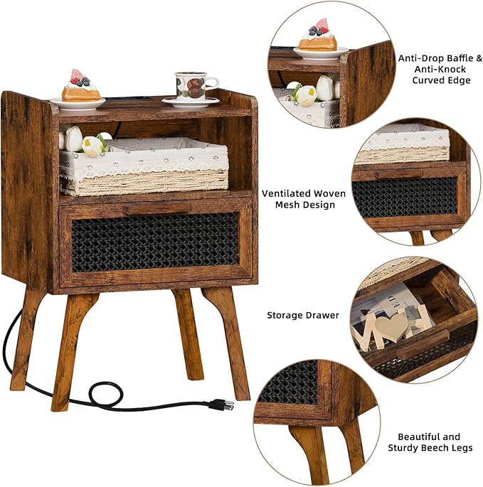 Lerliuo Rattan Nightstands Set of 2 with Charging Station, Boho Side Table wi...