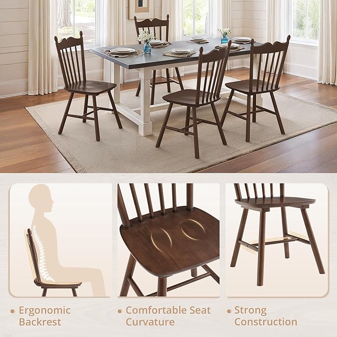 LUE BONA Wooden Dining Chairs Set of 2, Windsor Dining Chair with Thickened B...