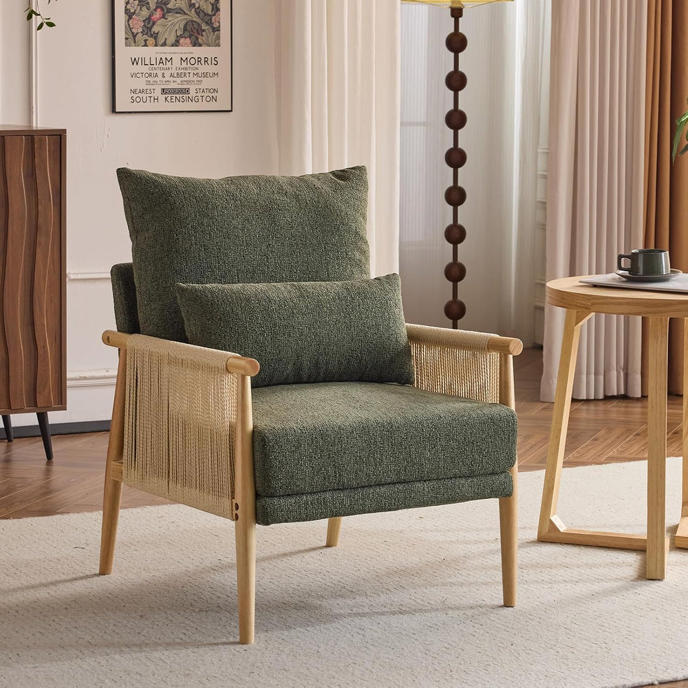 VINGLI Boho Braid Accent Armchair,Mid-Century Modern Chiar with Solid Wooden ...