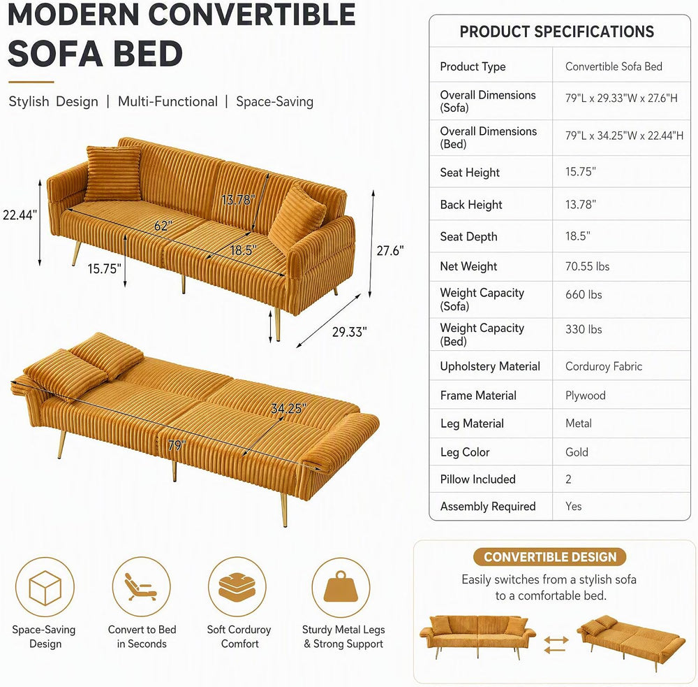79" Convertible Sleeper Sofa Bed, 2-Seat Futon Couch with 2 Pillows