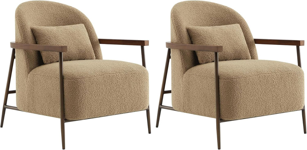 CHITA Accent Chair Set of 2, Sherpa Armchair with Wooden Armrest, Camel