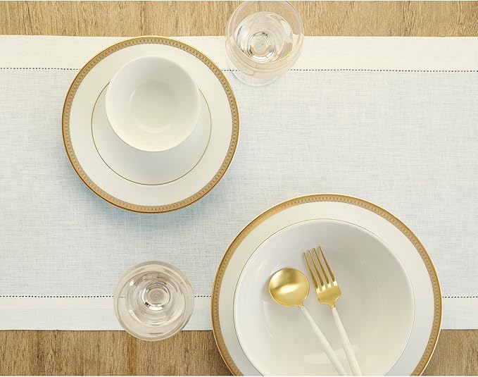 Solino Home Linen Ivory Table Runner 48 Inches - Classic Hemstitch, 100% Pure...