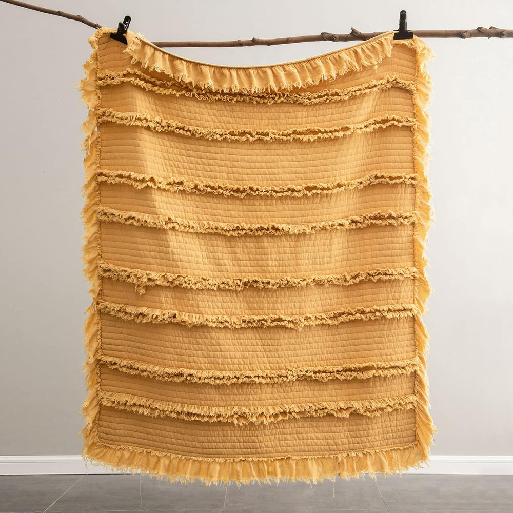 Ultra Soft Pre-Washed Warm Quilted Throw Blanket, Ruffle Fringed Yellow Boho ...