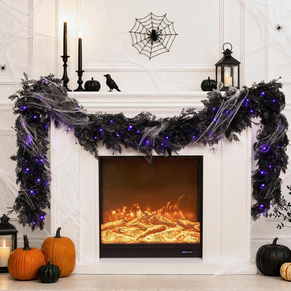 Pre-lit Halloween Garland Decorations Black Real Touch Cedar Cypress with Ber...