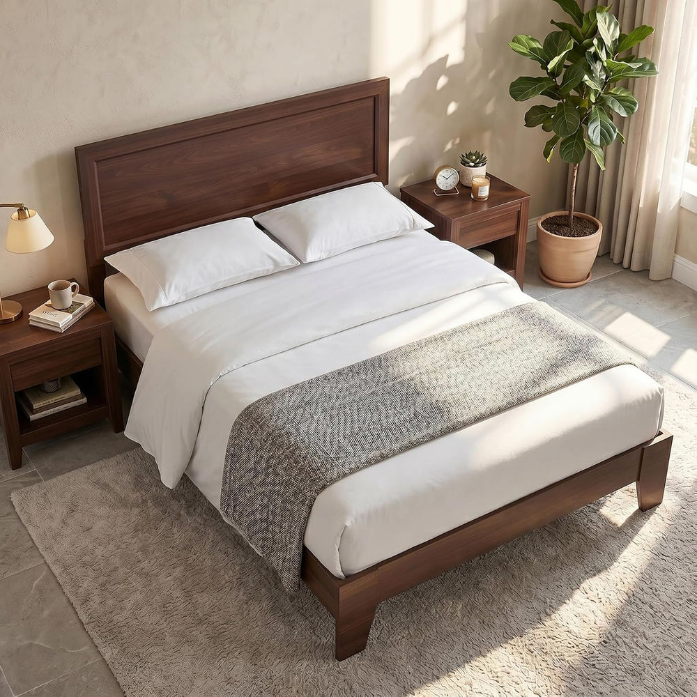 KOMFOTT Full Size Bed Frame, Mid-Century Modern Platform Bed with Headboard, ...