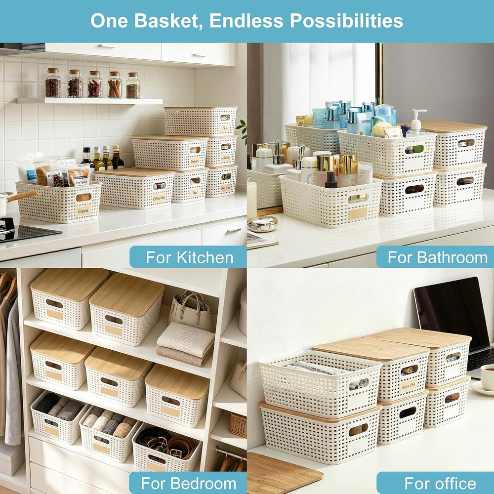 Small Plastic Storage Bins with Bamboo Lids 5.2qt Stackable Box Basket Pantry...