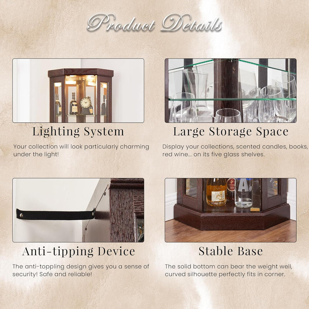 70" Lighted Corner Curio Cabinet, Wood China Display Case with Tempered ...