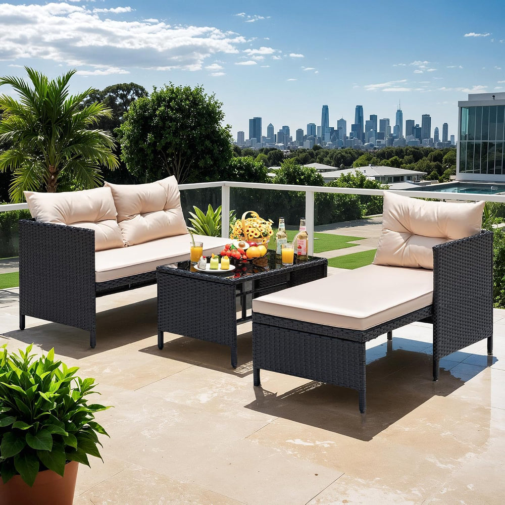 Devoko Outdoor Patio Furniture 3-Piece Rattan L Shaped Sectional Sofa Beige