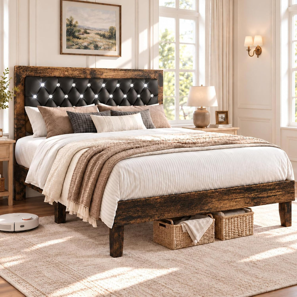 Wood Queen Bed Frame with Diamond Tufted Upholstered Headboard, Walnut