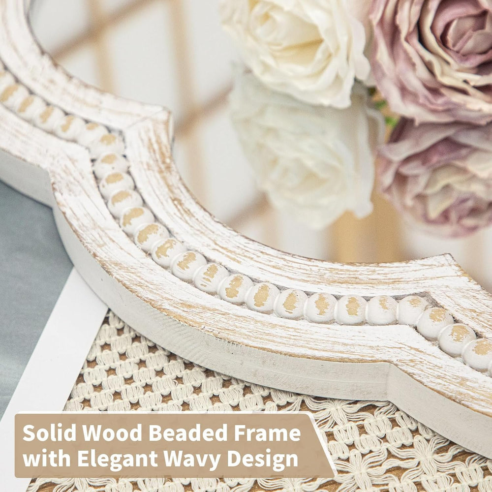 24 Inch Round Wall Mirror, Whitewashed Wooden Frame with Scalloped Edge &...