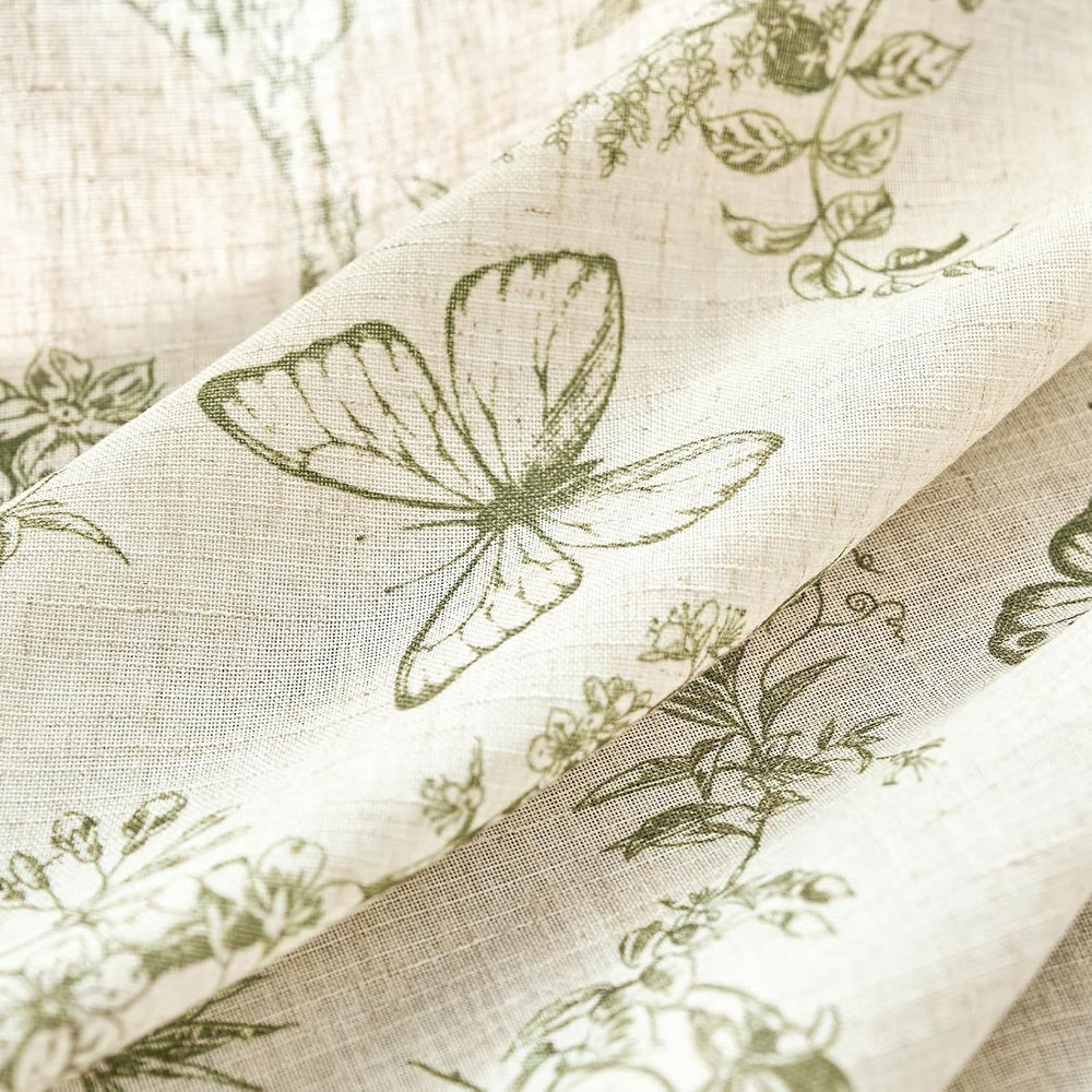 Lazzzy Green Floral Linen Curtains Farmhouse Rod Pocket 50W X 84L 2 Panels