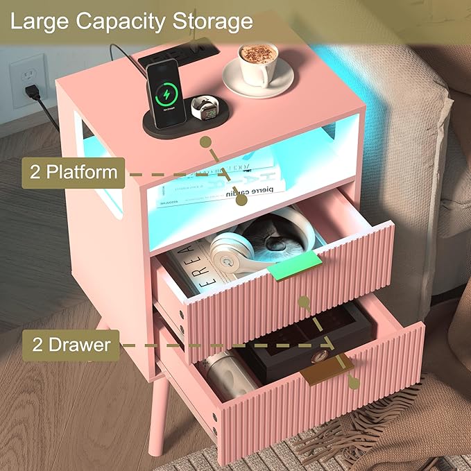 Pink Nightstand with Charging Station and LED Lights,Modern Bedside Table wit...
