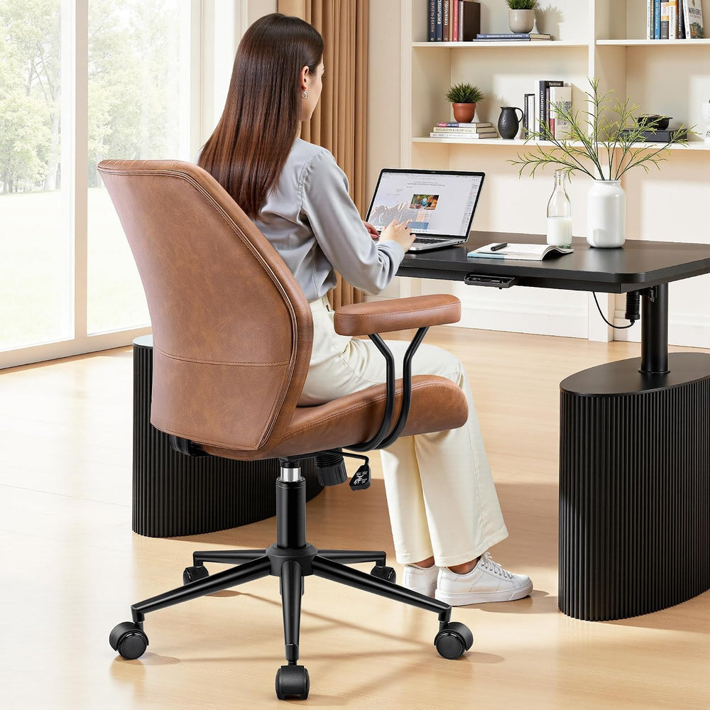 Leather Office Chair with Removable Armrests, Mid Back Ergonomic Desk Chair w...