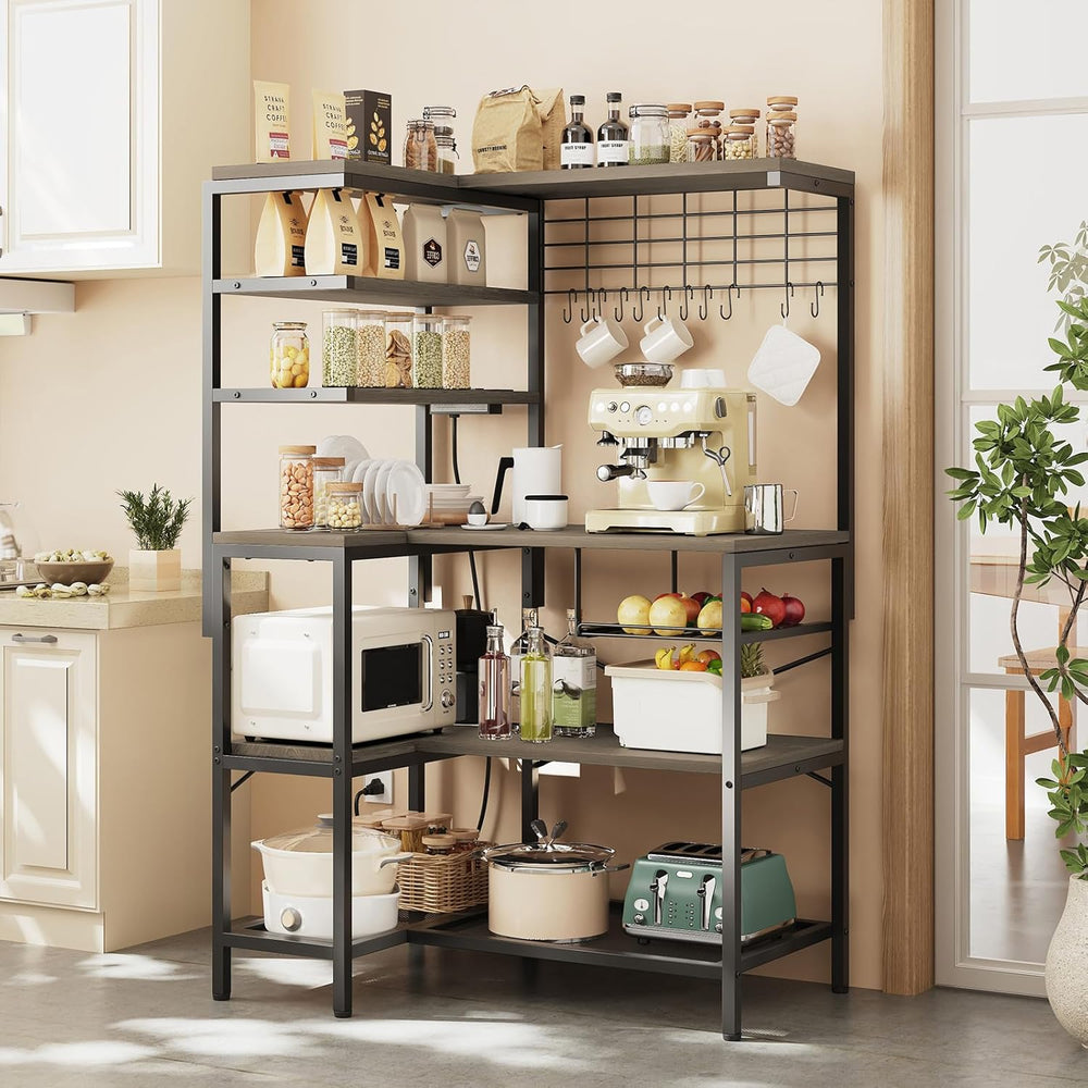 L-Shaped Bakers Rack with Power Outlet, 6-Tier Microwave Stand with Storage, ...