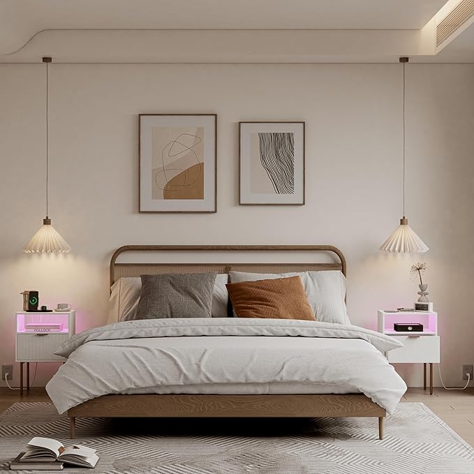 Modern Nightstand with Charging Station and LED Lights, White Bedside Table w...