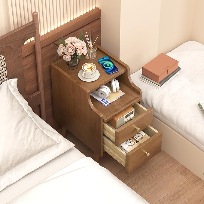 Narrow Nightstand, Solid Wood Night Stand with 2 Drawers, Walnut Mid Century ...