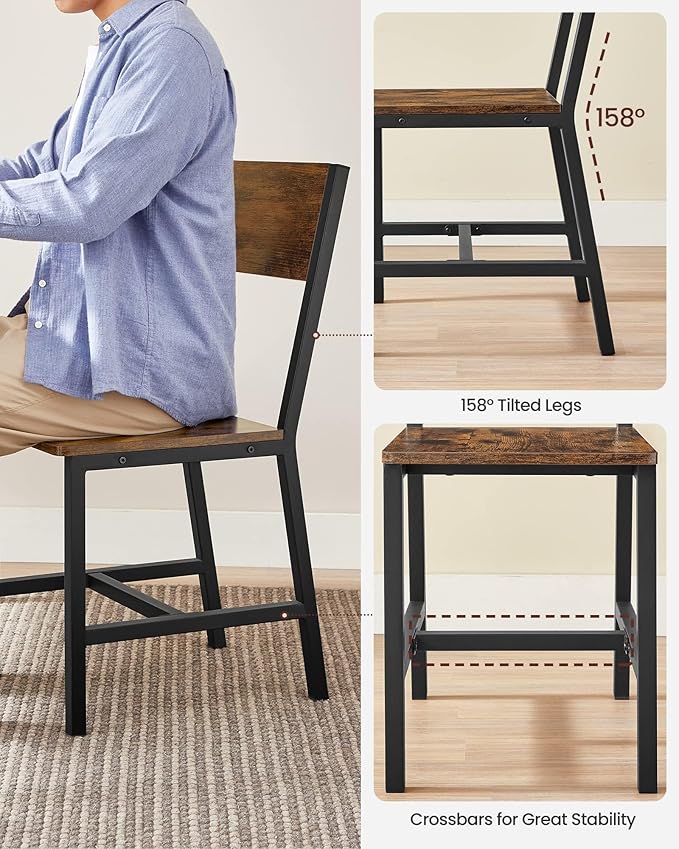 VASAGLE Dining Chair Set of 2, Rustic Wood Chairs with Metal Steel Frame, Eas...