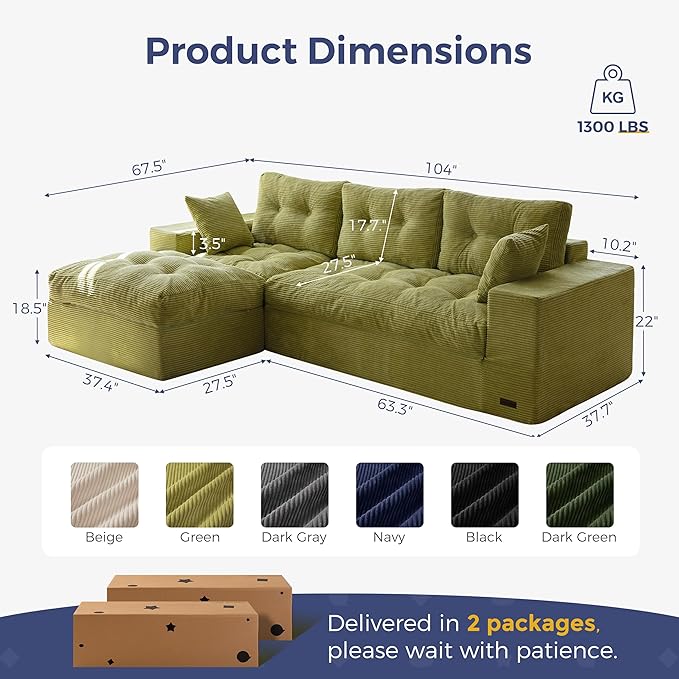 MAXYOYO 104" L Shaped Modular Sectional Sofa with Ottoman, Cloud Boneles...
