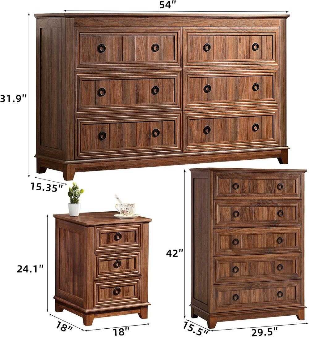 Joaxswe Farmhouse Dresser and Nightstand Sets 3 Piece, Brown