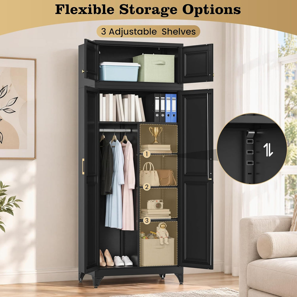 86" Metal Wardrobe Closet with Lock, Tall Armoire, Black