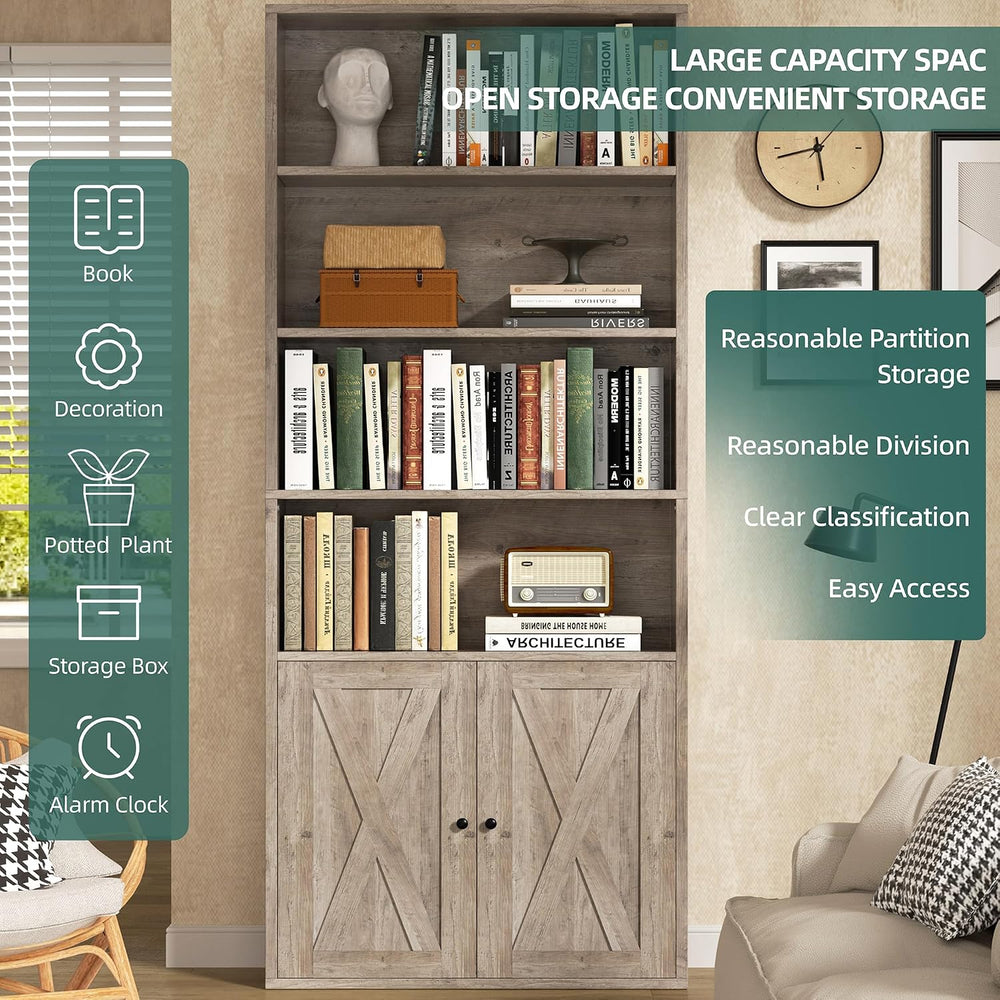 Shintenchi 6 Tier Bookshelf with Doors, Tall Standing Bookcase