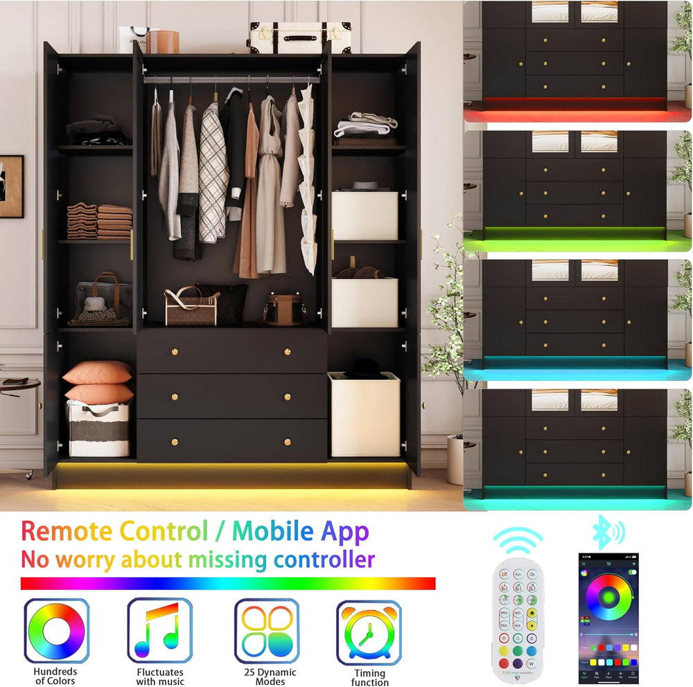 75” Tall Wardrobe Closet with 4 Doors & 3 Drawers, Modern Armoire with Mi...