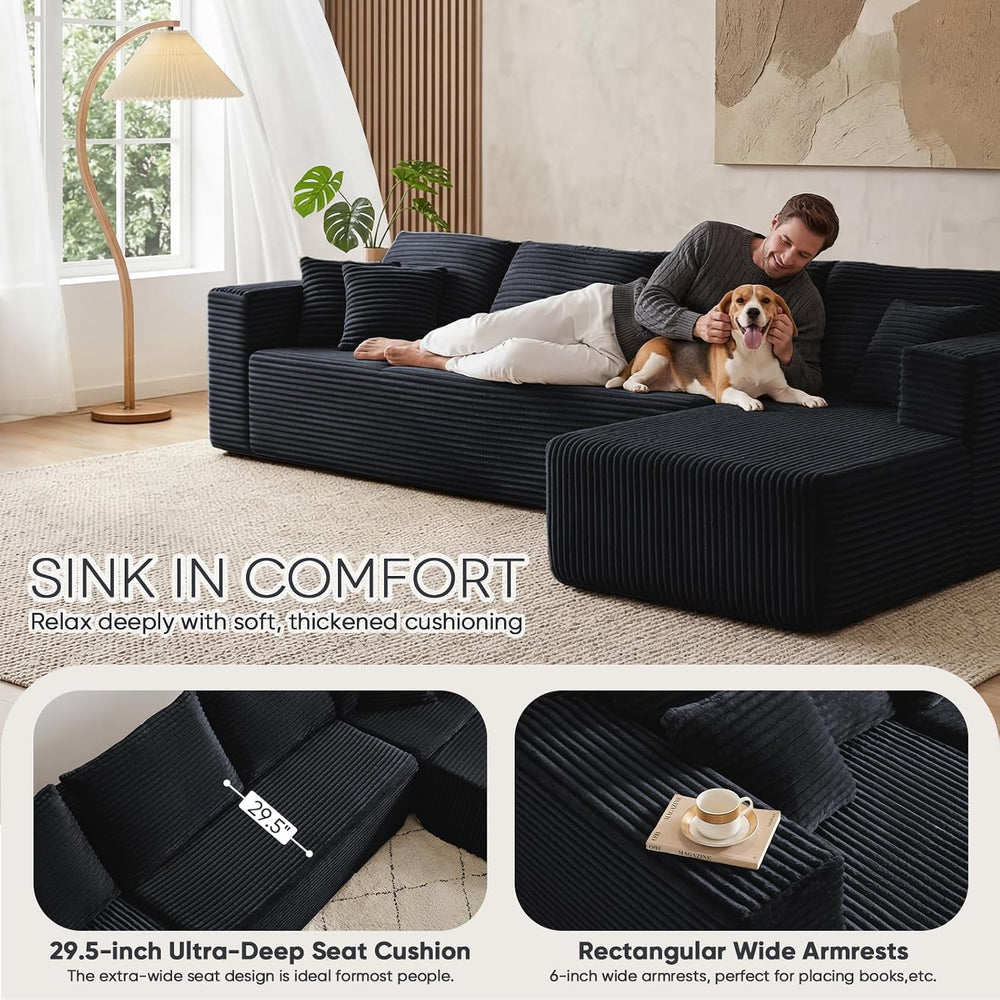 95" Black Corduroy Boneless Modular Sectional Sofa, Cloud-Louch Deep Sea...