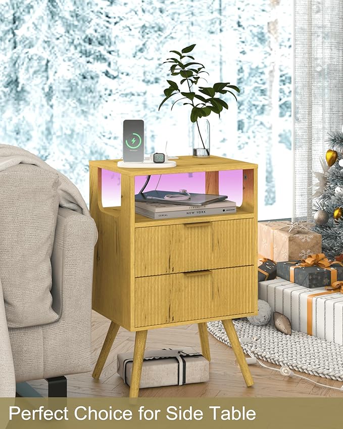 Nightstand with Charging Station and LED Lights,Modern Bedside Table with 2 S...