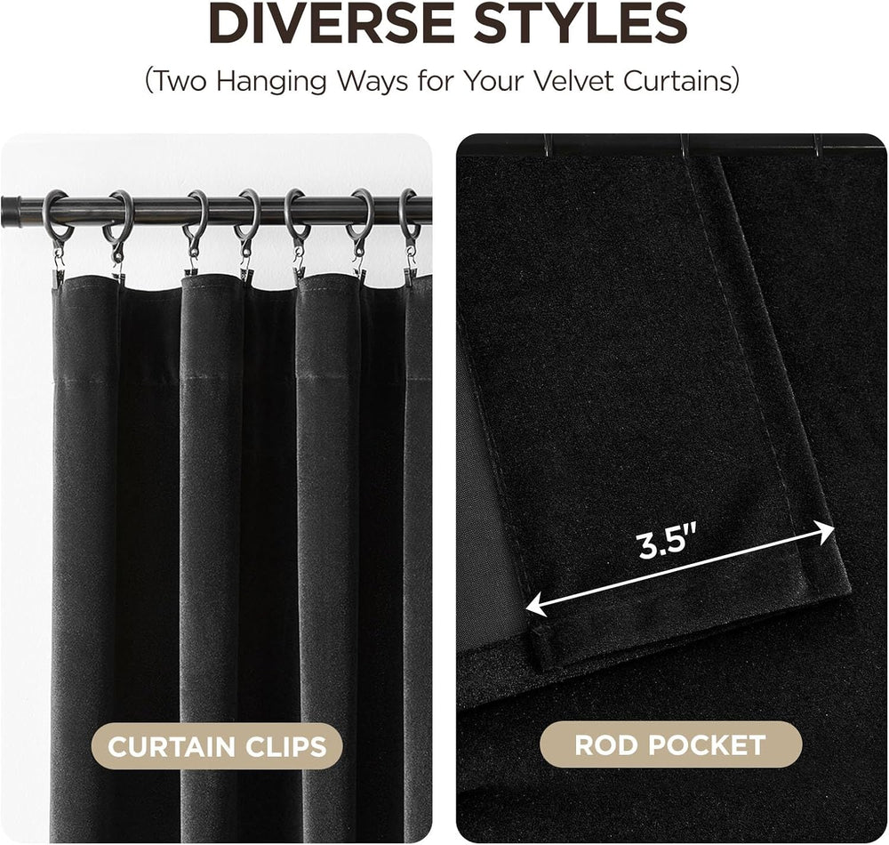Joydeco Black Velvet Curtains 90 inch Length 2 Panels, Luxury Blackout Rod Po...