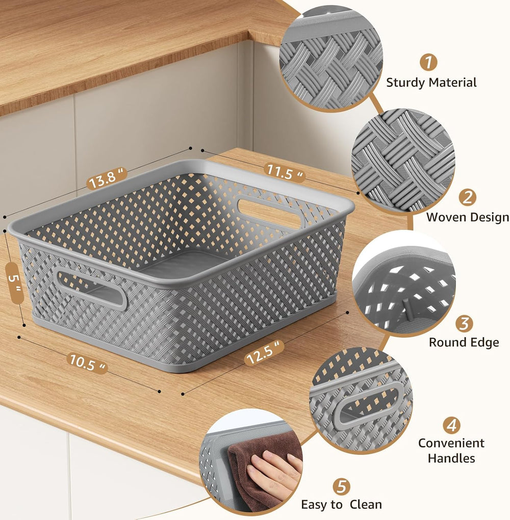 MaxGear 3 Pack Plastic Storage Baskets, Large, Grey
