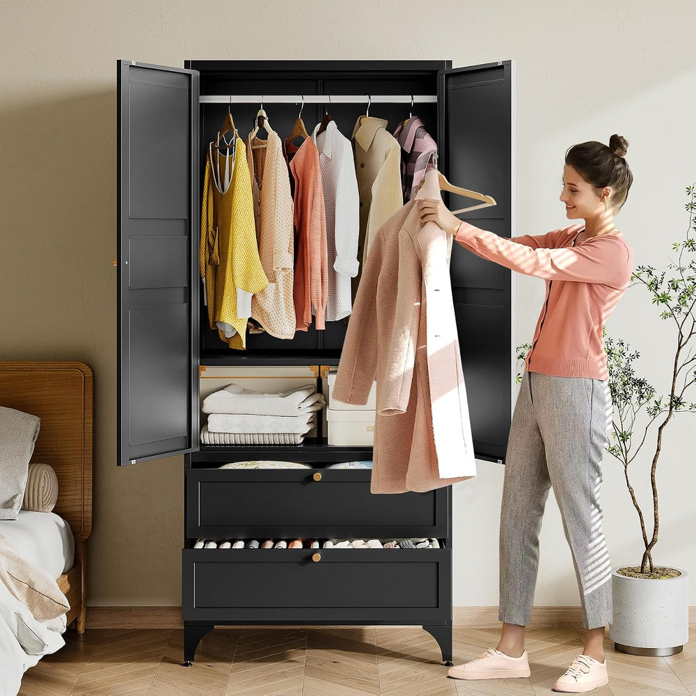 BYNSOE 71" Tall Metal Wardrobe Closet with 2 Drawers, Steel Armoire Cabi...