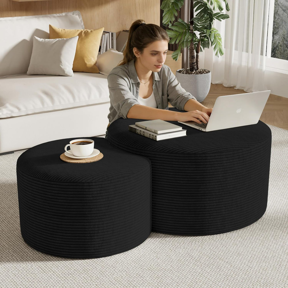 Round Nesting Coffee Table Set of 2,Upholstered Foam Ottoman Footrest Side Ta...