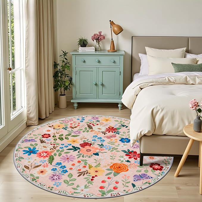Round Area Rug for Living Room: 6 ft Floral Washable Circle Rug Soft Boho