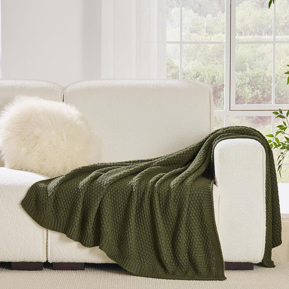 Olive Green Throw Blanket, Moss Knit, 50" x 60", Earthy Olive