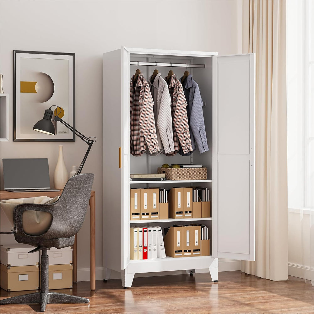 COFaR 71" Metal Wardrobe Closet with Adjustable Hanging Rod & 2 Shel...