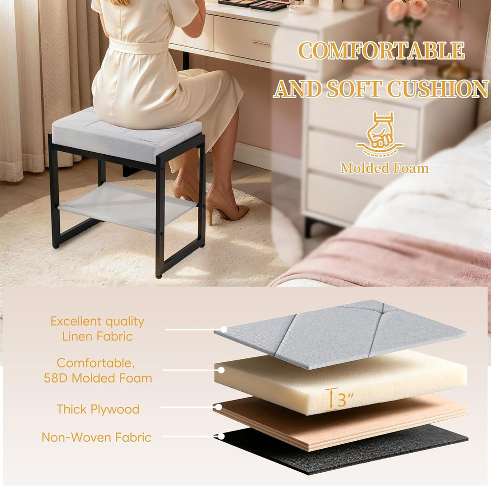 Vanity Stool, Vanity Chair Stools with a Lower Storage Shelf, Square Linen Up...