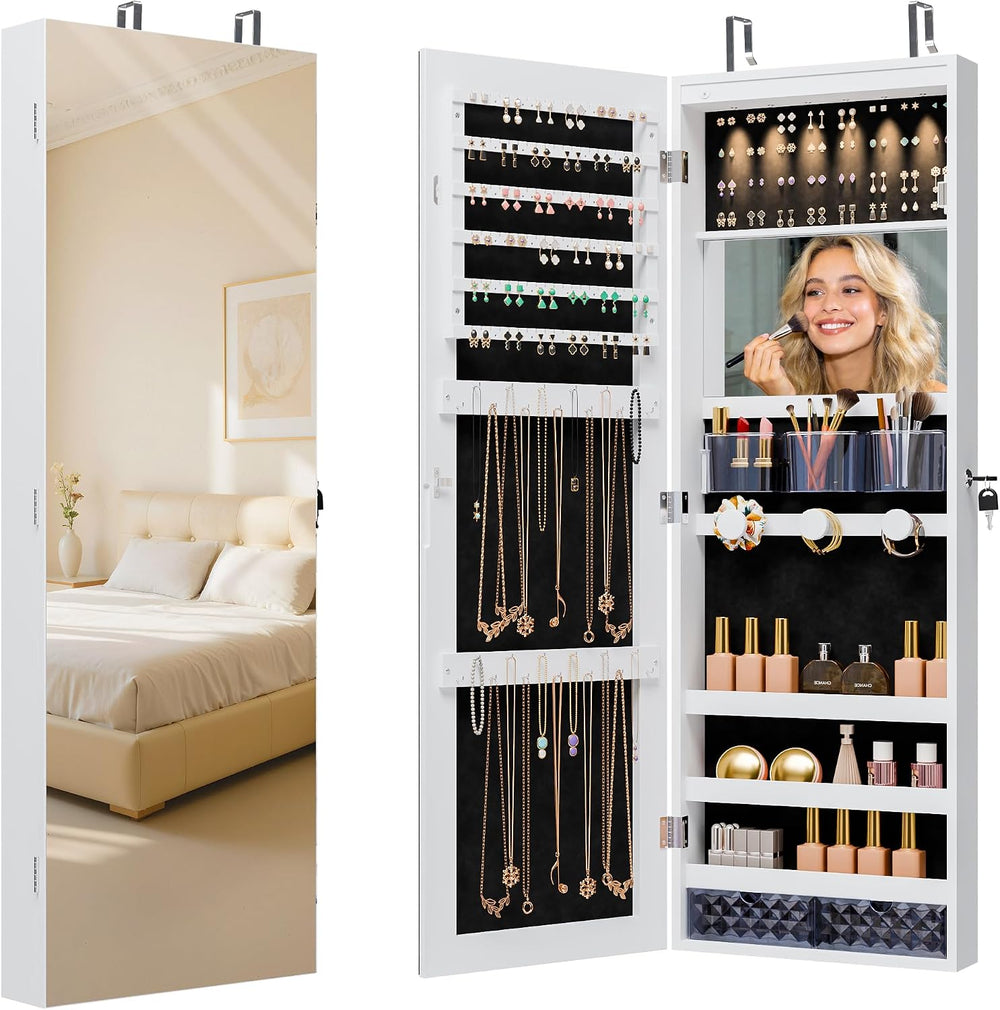 Unisakey Lockable Mirror Jewelry Cabinet LED Lights Wall Mount White | Door o...