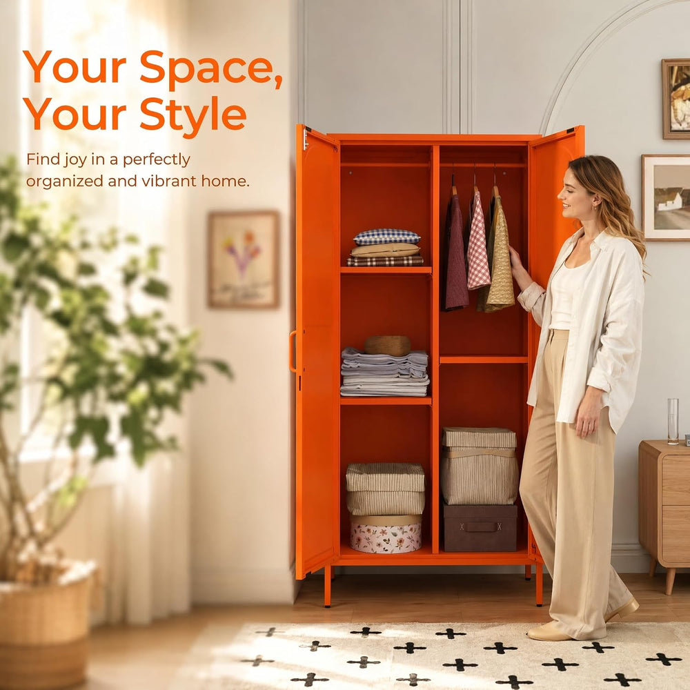 Orange Lockable Armoire Wardrobe Closet Storage Cabinet with Hanging Rod, 67&...
