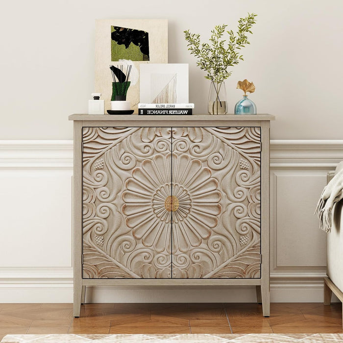 Carved Buffet Cabinet with Floral Pattern & Gold Handle, 31.5" W Distressed Sideboard with 2 Doors & Solid Wood Leg, American Style Accent Cabinet for Living Room, Kitchen, Vintage Color, 1 PC