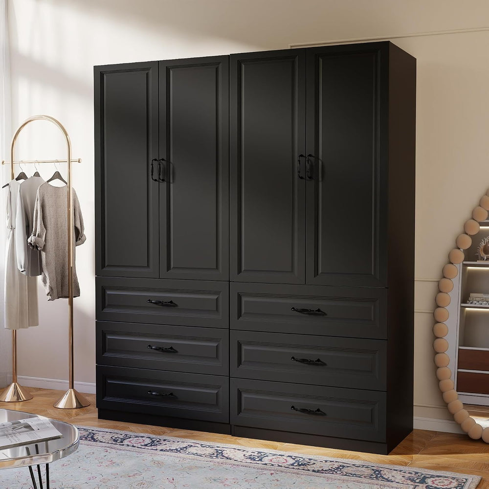 Black Armoire Wardrobe Closet with 6 Drawers, 75" Tall x 63" Wide